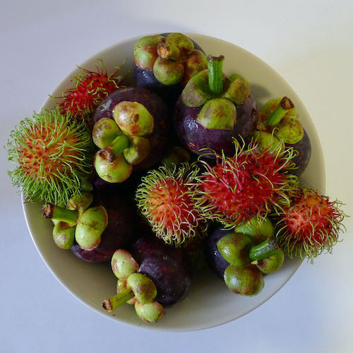 Bowl of rambutans and mangosteens from Thanin market in Santitham.