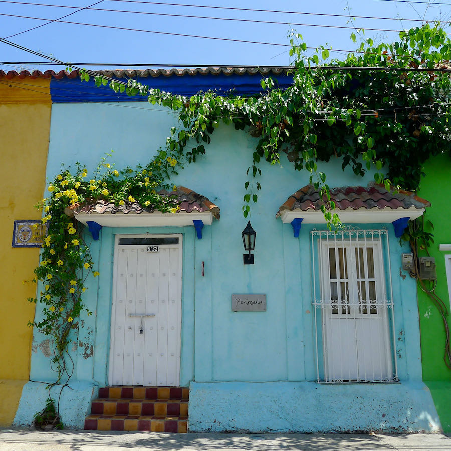 Blue facade with plants and flowers, Cartagena, Colombia