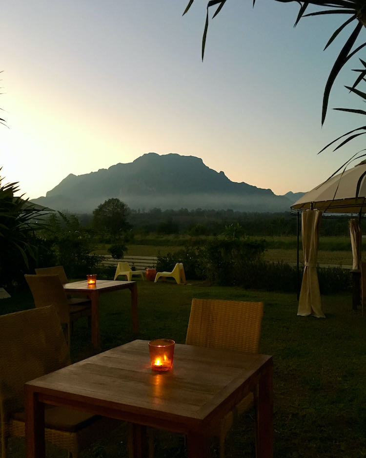 Chiang Dao Resto dinner tables just after sunset.