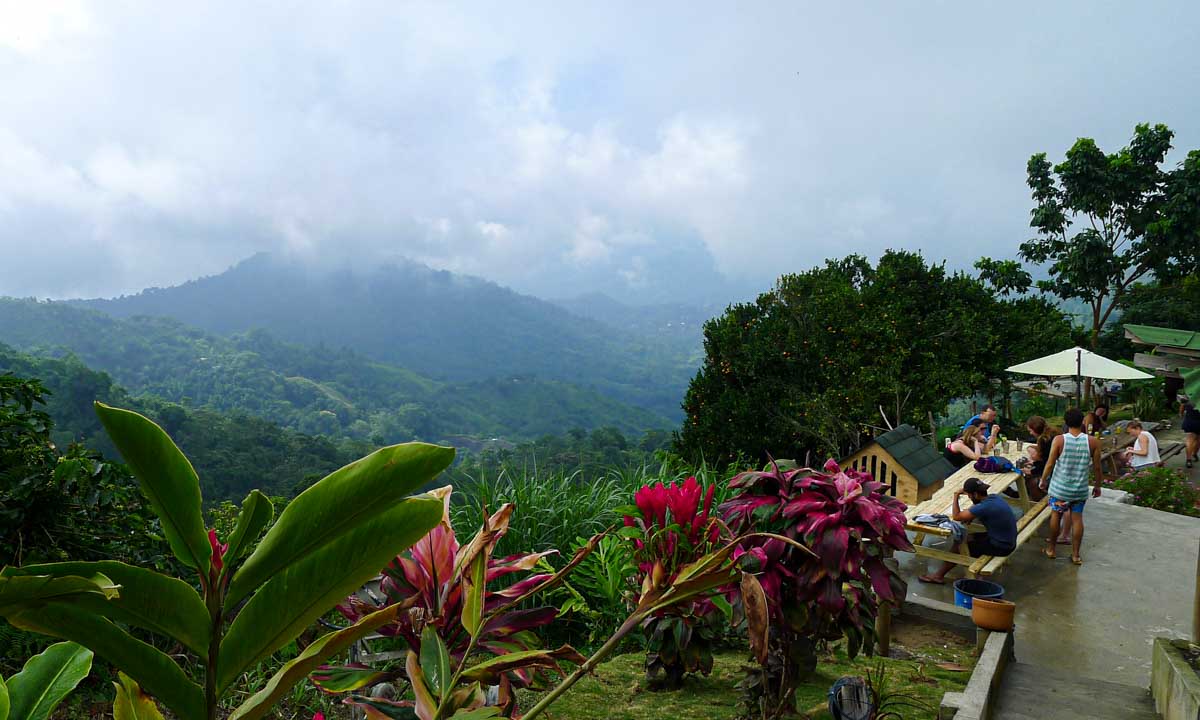 Travelers sit at hostel picnic tables overloooking misty jungle mountains of Minca.
