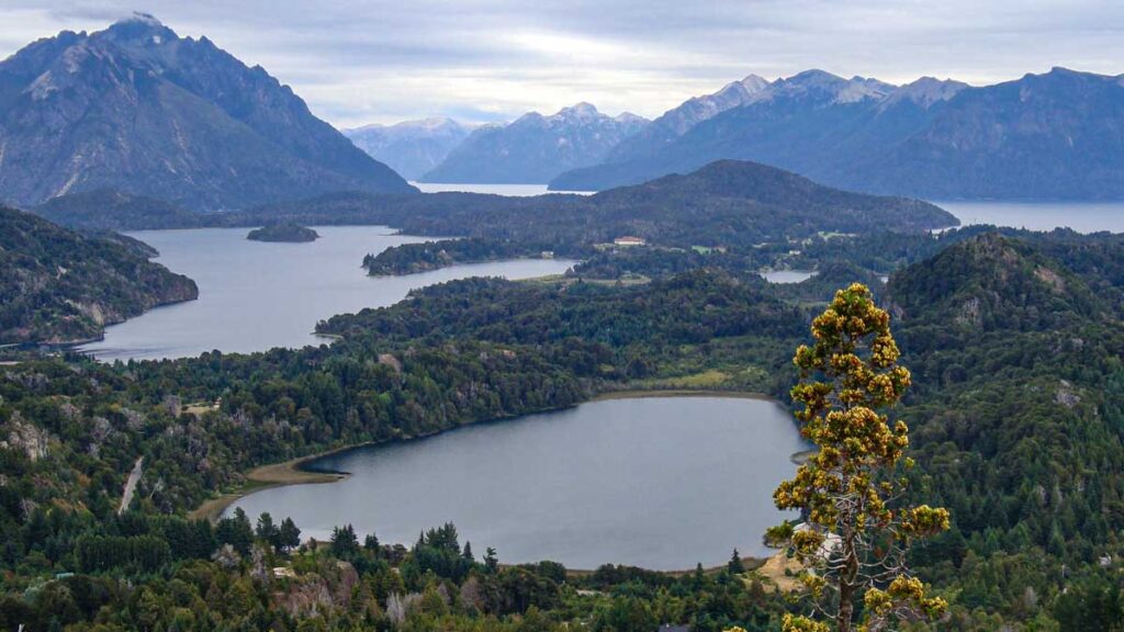 Cerro Campanario viewpoint over mountain lakes in Bariloche, Argentina.