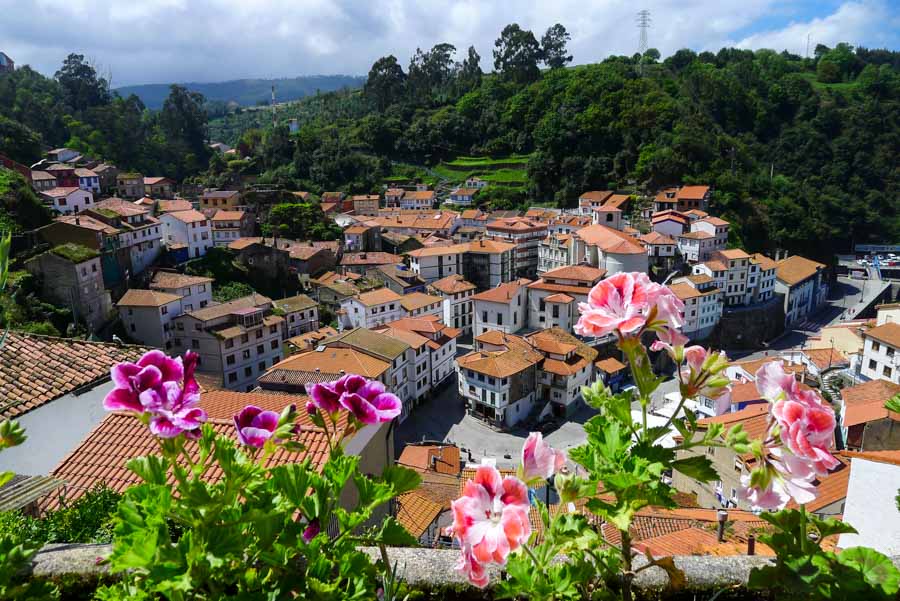 View of Cudillero rooftops and flowers from Calle Cimadevilla.