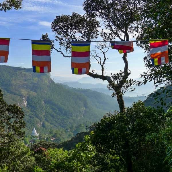 A white stupa, the Japanese Peace Pagoda, visible through trees with prayer flags in the foreground on Adam's Peak.