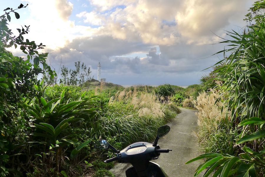 My rental scooter on Green Island with Lyudao lighthouse in distance.