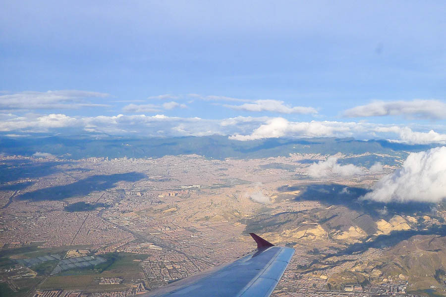 The sprawling city of Bogotá, the starting point for most Colombia itineraries, viewed from an airplane window.