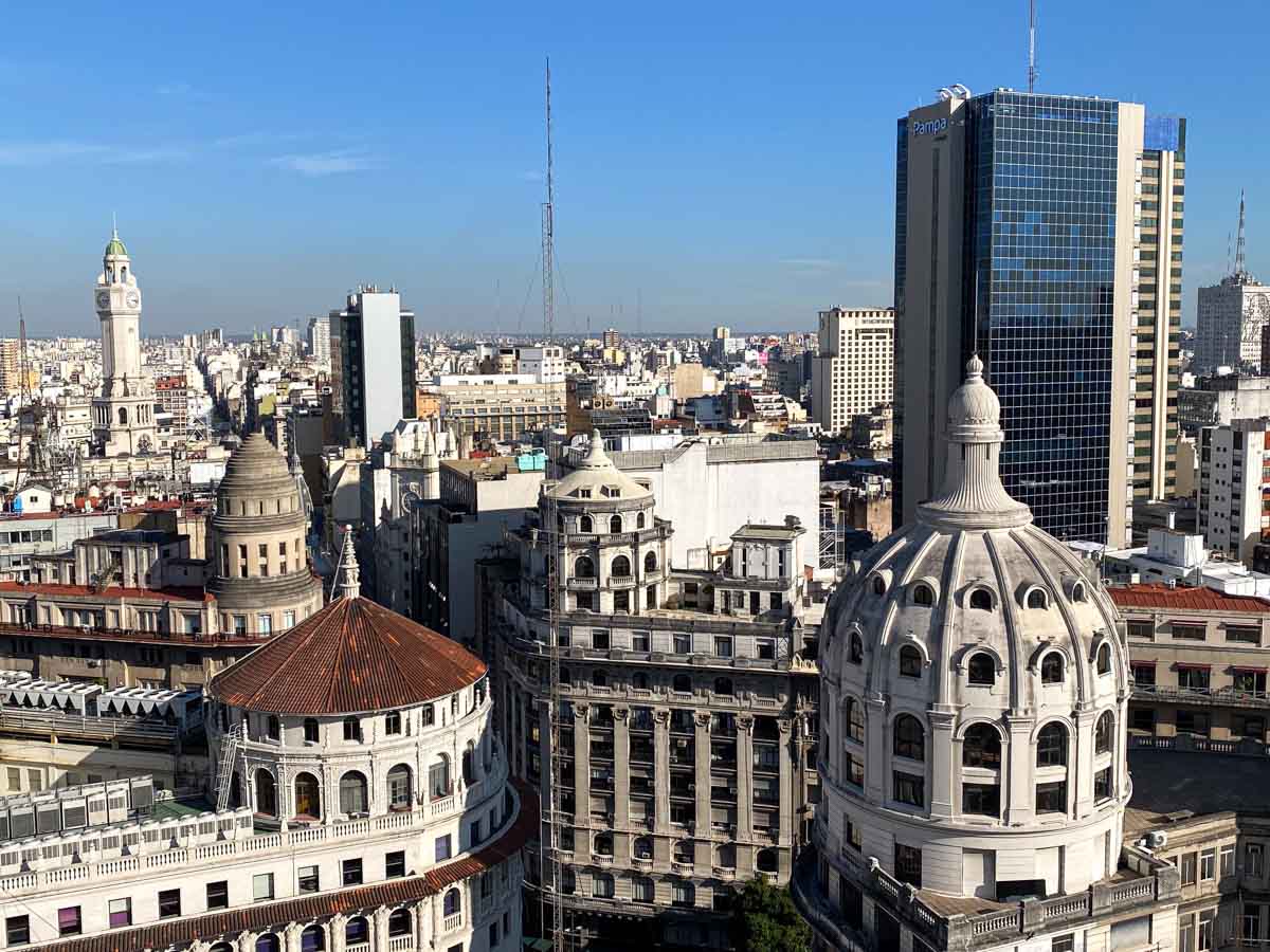 The Buenos Aires skyline, including several iconic buildings like the city legislature, viewed from Mirador Güemes.