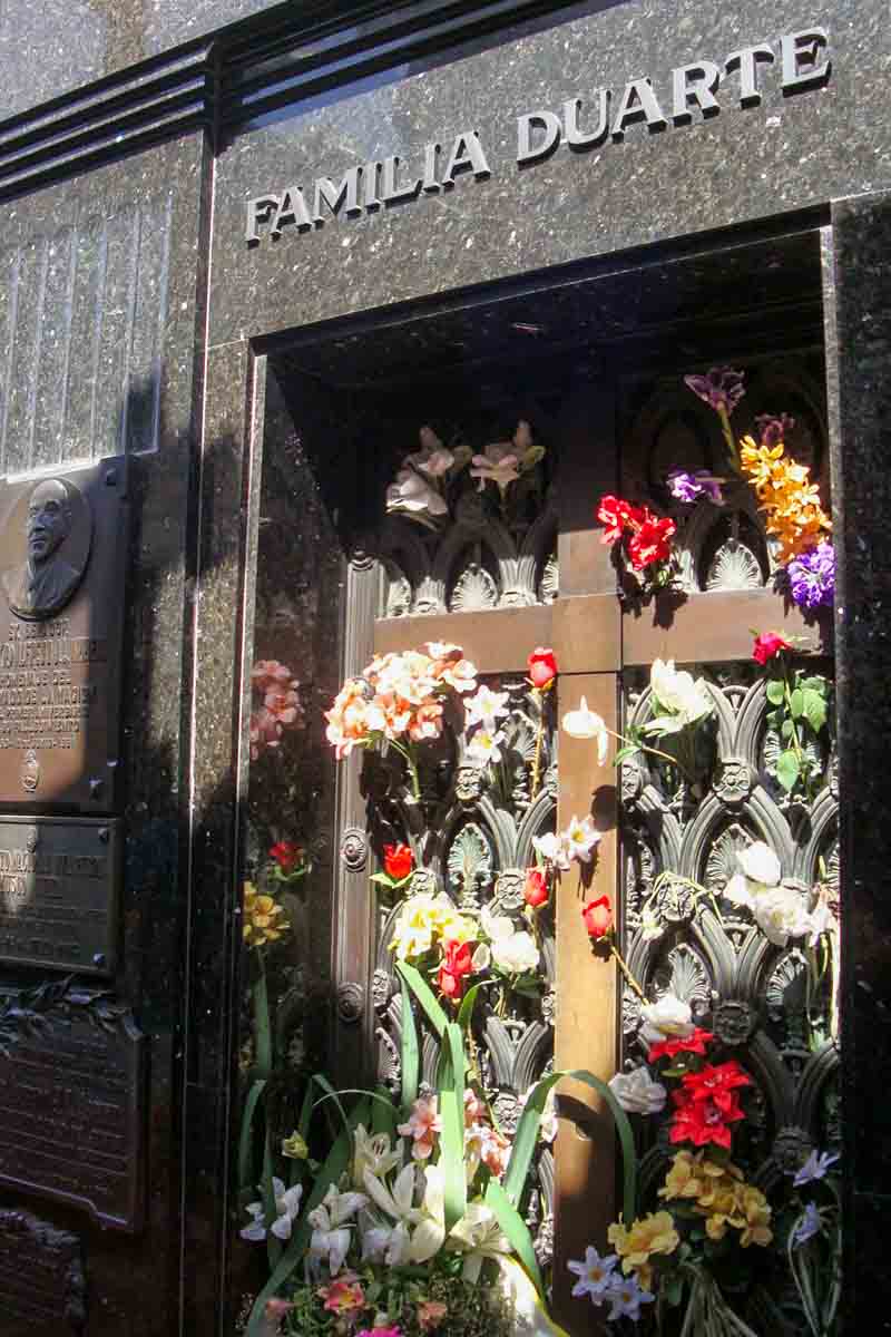 The Duarte family mausoleum, the resting place of Eva Peron, in the Recoleta Cemetery.