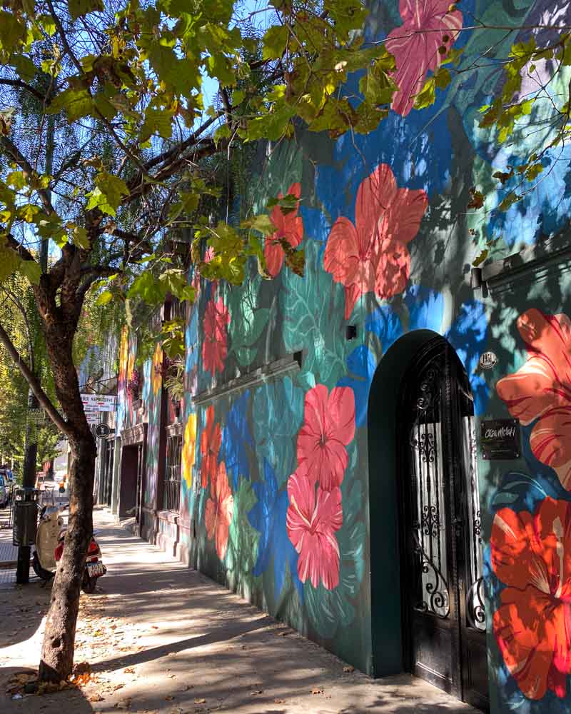 A single-storey building facade painted with colorful flowers on a leafy street in Palermo Soho.