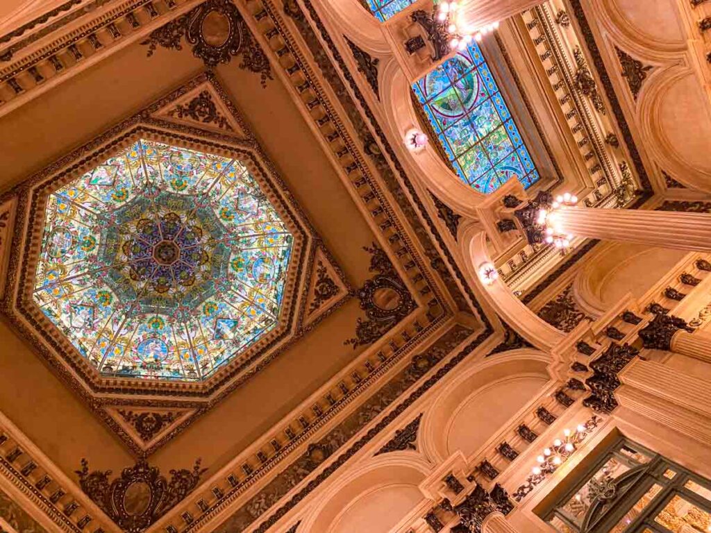 The gorgeous stained glass ceiling of Teatro Colón's grand foyer.