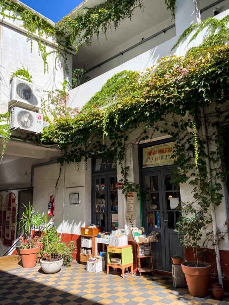 Ivy grows above the doors of a bookstore in San Telmo, Buenos Aires.