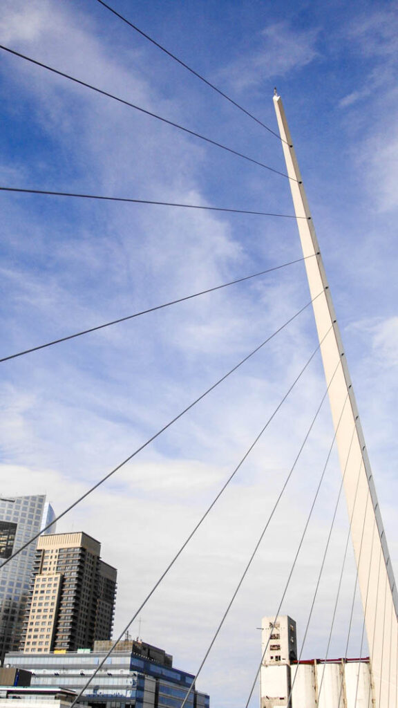 Looking up at the Puente de la Mujer in Puerto Madero, an upscale area of Buenos Aires.