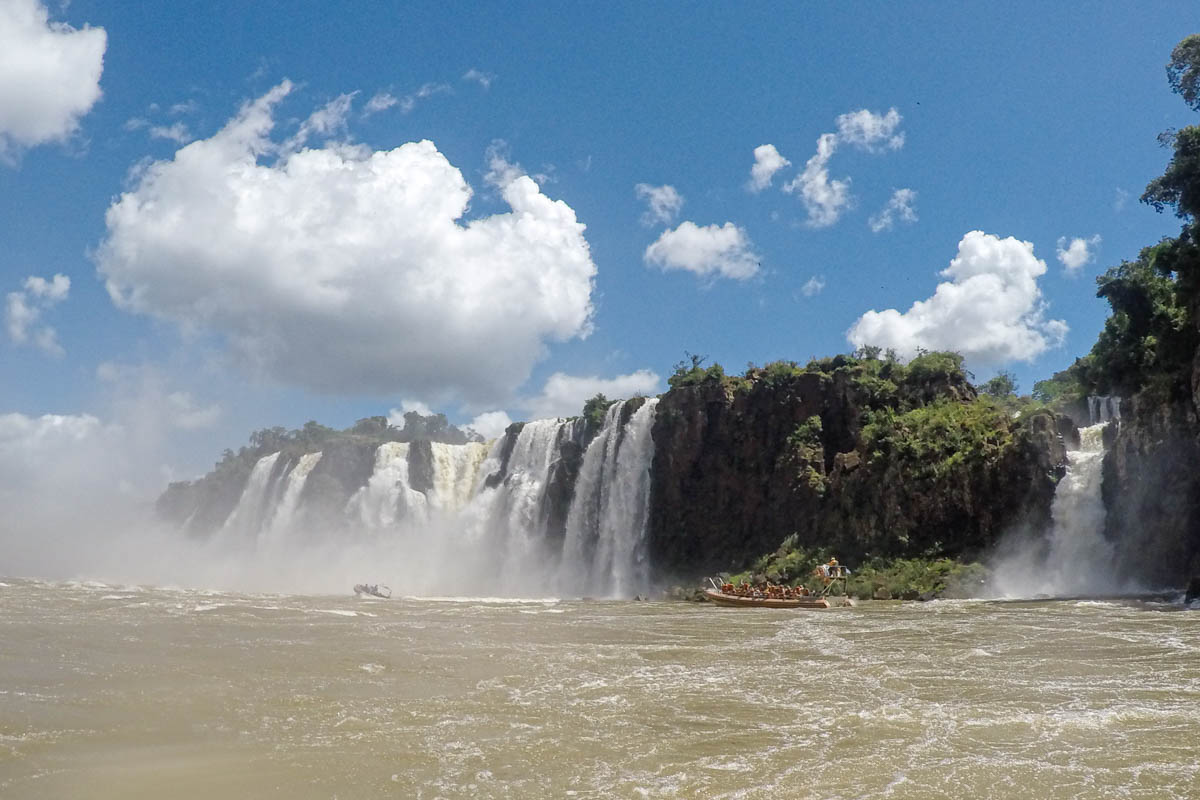 Iguazú Falls view from speedboat trip on the river below.
