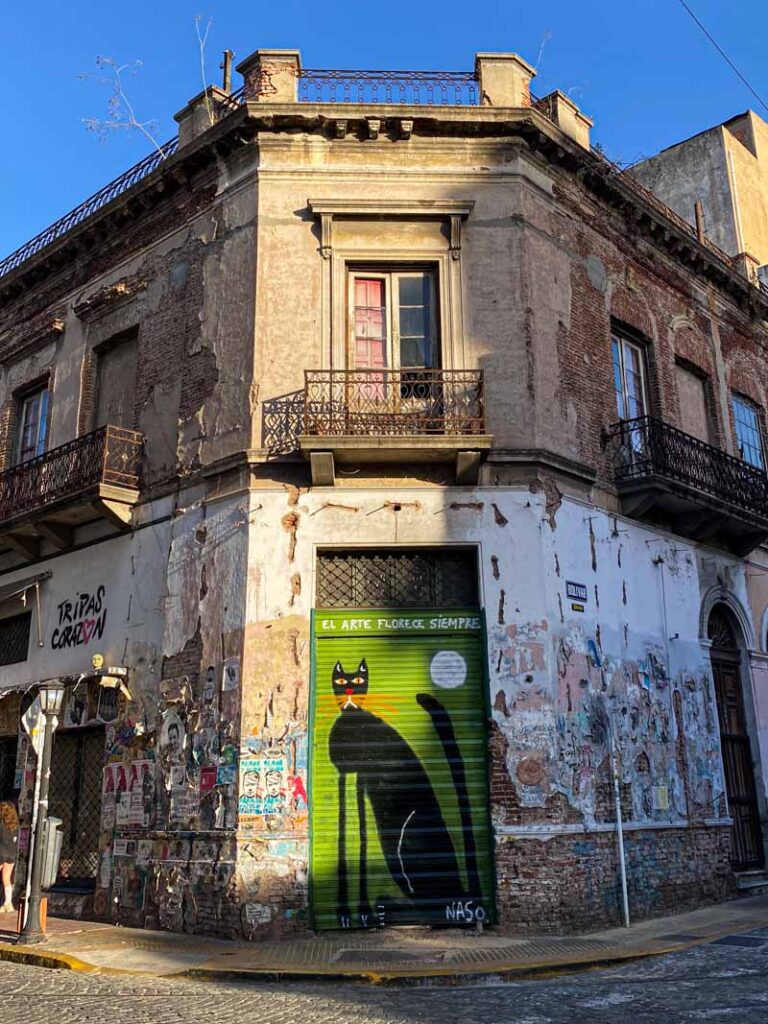 Street art depicting a cat on a charming old building in the San Telmo neighborhood of Buenos Aires.