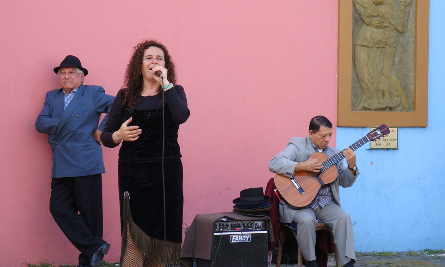Street musicians perform near the Caminito in La Boca.