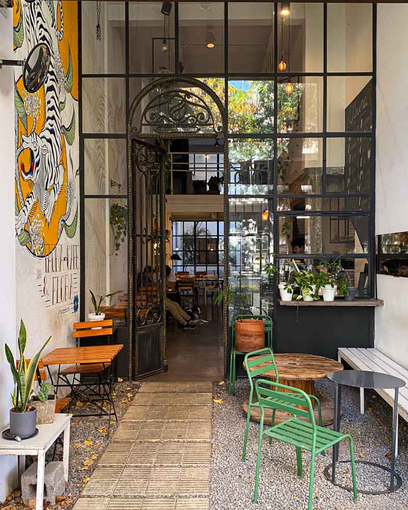 A stylish coffee shop entrance with a glass wall and outdoor patio with plants in Palermo Soho.