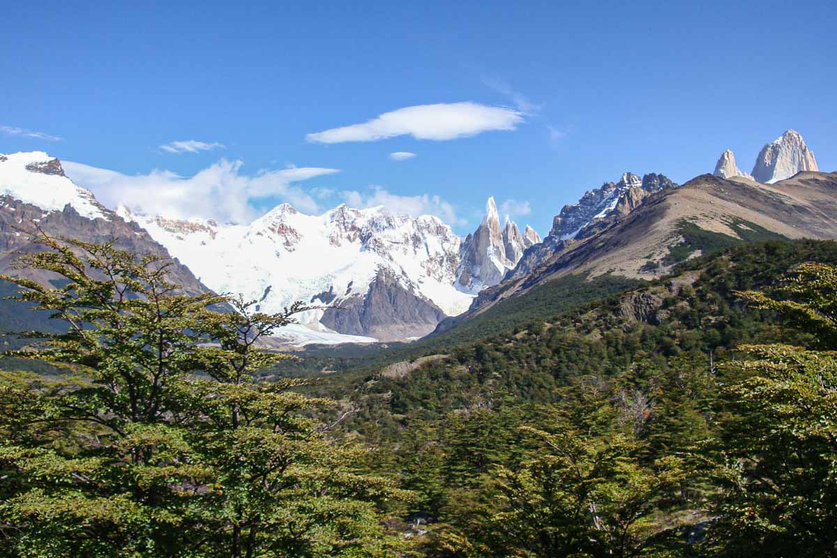 Hiking through the forest to Laguna Torre in Parque Nacional Los Glaciares, with a view of Cerro Torre and the peak of Fitz Roy above the trees.