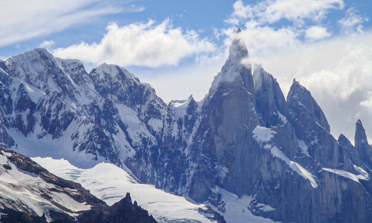Zoomed in view of Cerro Torre from Loma del Pliegue Tumbado hike in El Chaltén.