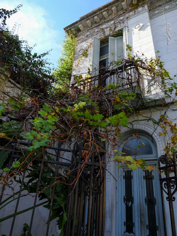 Vines grow over the gate and balcony of a charming old house in the Palermo neighborhood of Buenos Aires.