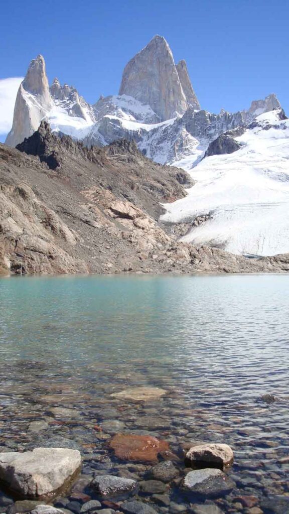 A close-up view of Fitz Roy Mountain from Laguna de los Tres, the end point of the most famous El Chalten hike.