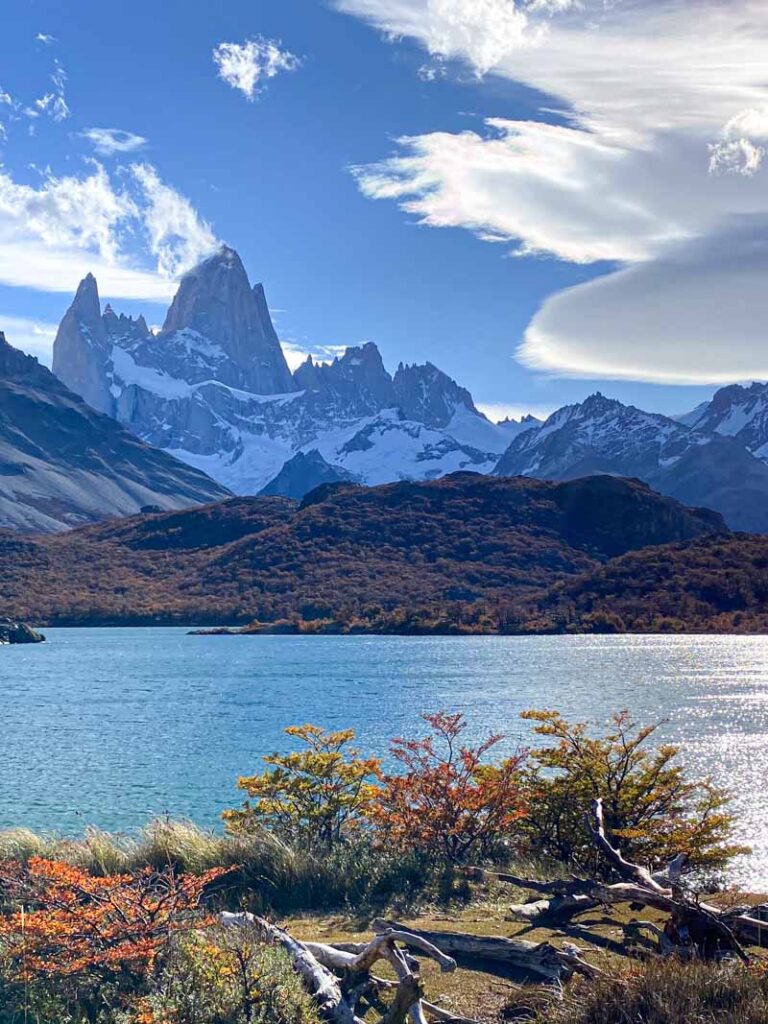 Mount Fitz Roy towering over Laguna Capri on a sunny autumn day.