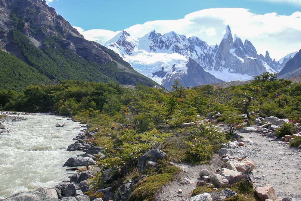 The hiking trail to Laguna Torre alongside the Fitz Roy River, with Cerro Torre visible up ahead.