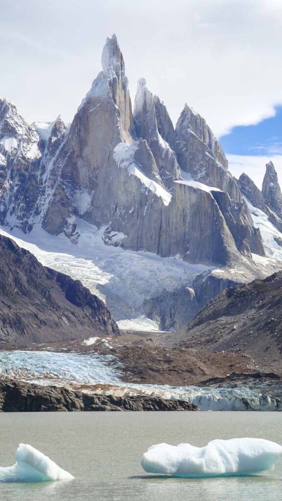 Icebergs float in the lake below Cerro Torre.