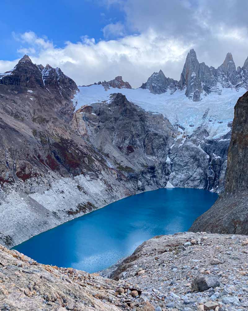 Looking down at the gorgeous blue lake below from Mirador Laguna Sucia next to Mount Fitz Roy.