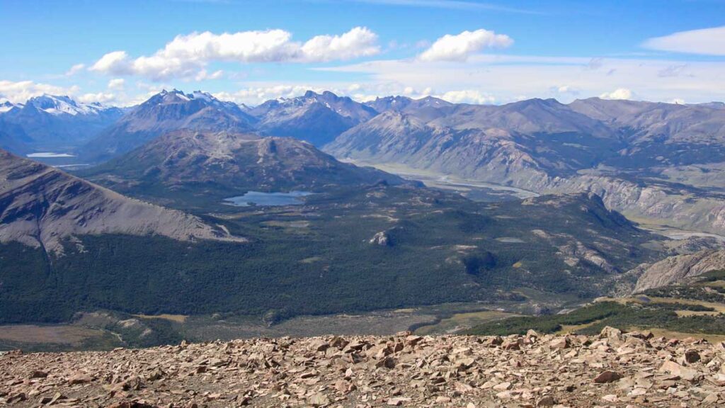 Mountain lakes and valleys on the Loma del Pliegue Tumbado trek on Day 2 in El Chaltén.