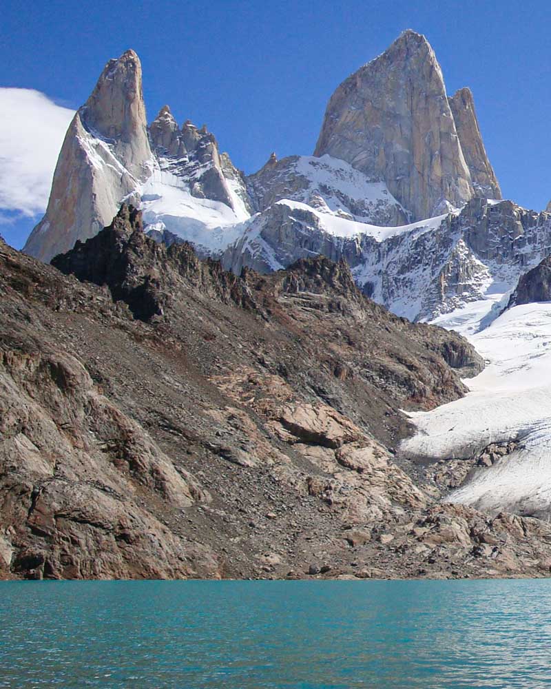 Up-close view of snowy Mount Fitz Roy from the shore of Laguna de los Tres on Day 1 in El Chaltén.