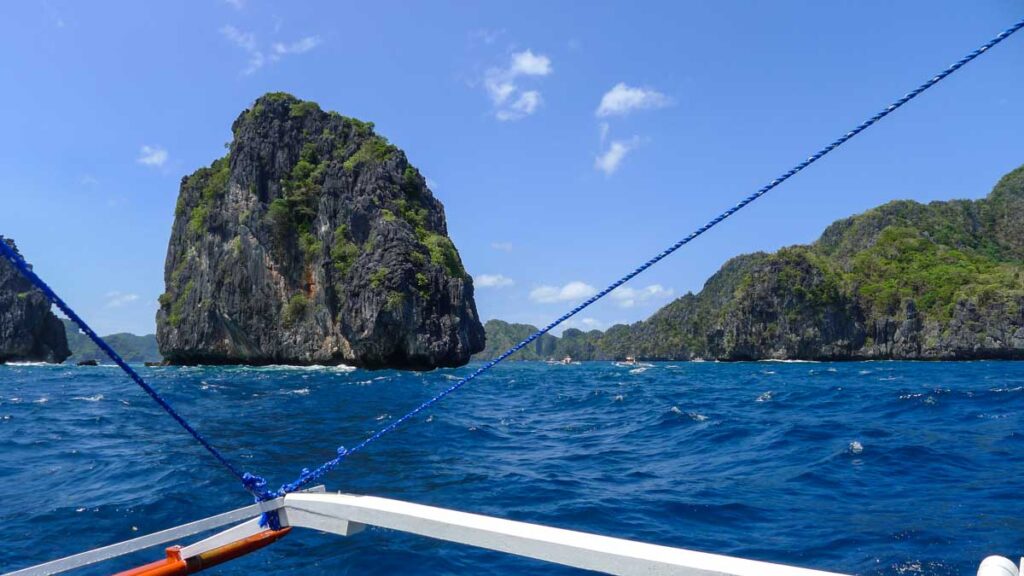 A large limestone karst island viewed from my banca dive boat in El Nido.