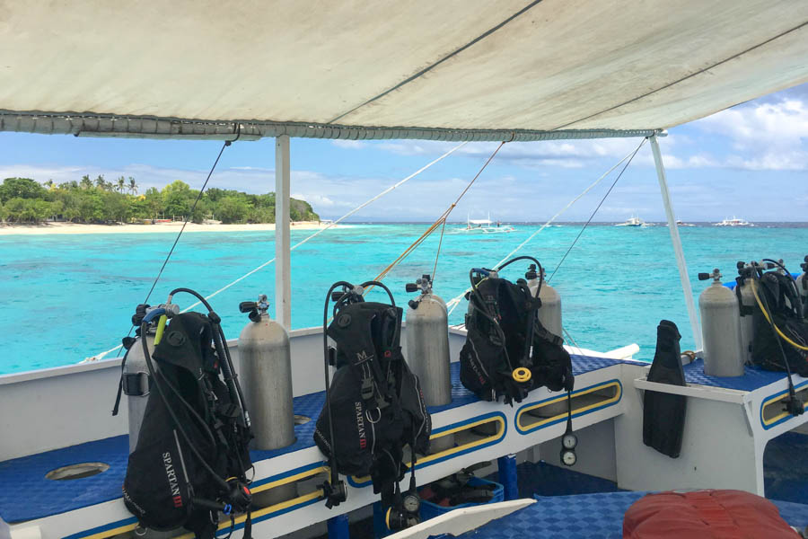 Scuba tanks and equipment on a Panglao dive boat