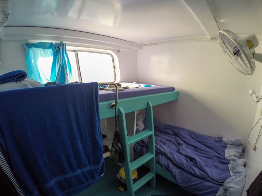 Bunk beds in a small cabin on my liveaboard in the Similan Islands.