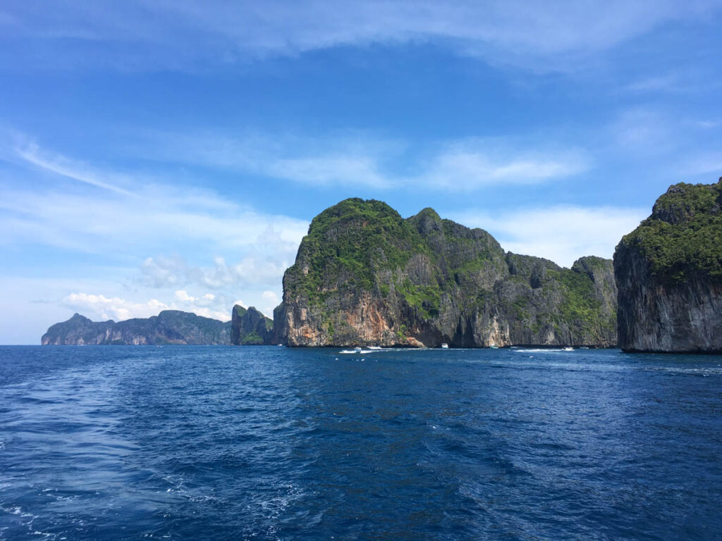 Passing the incredibly beautiful and dramatic limestone cliffs of Koh Phi Phi Leh en route to Hin Bida dive site.