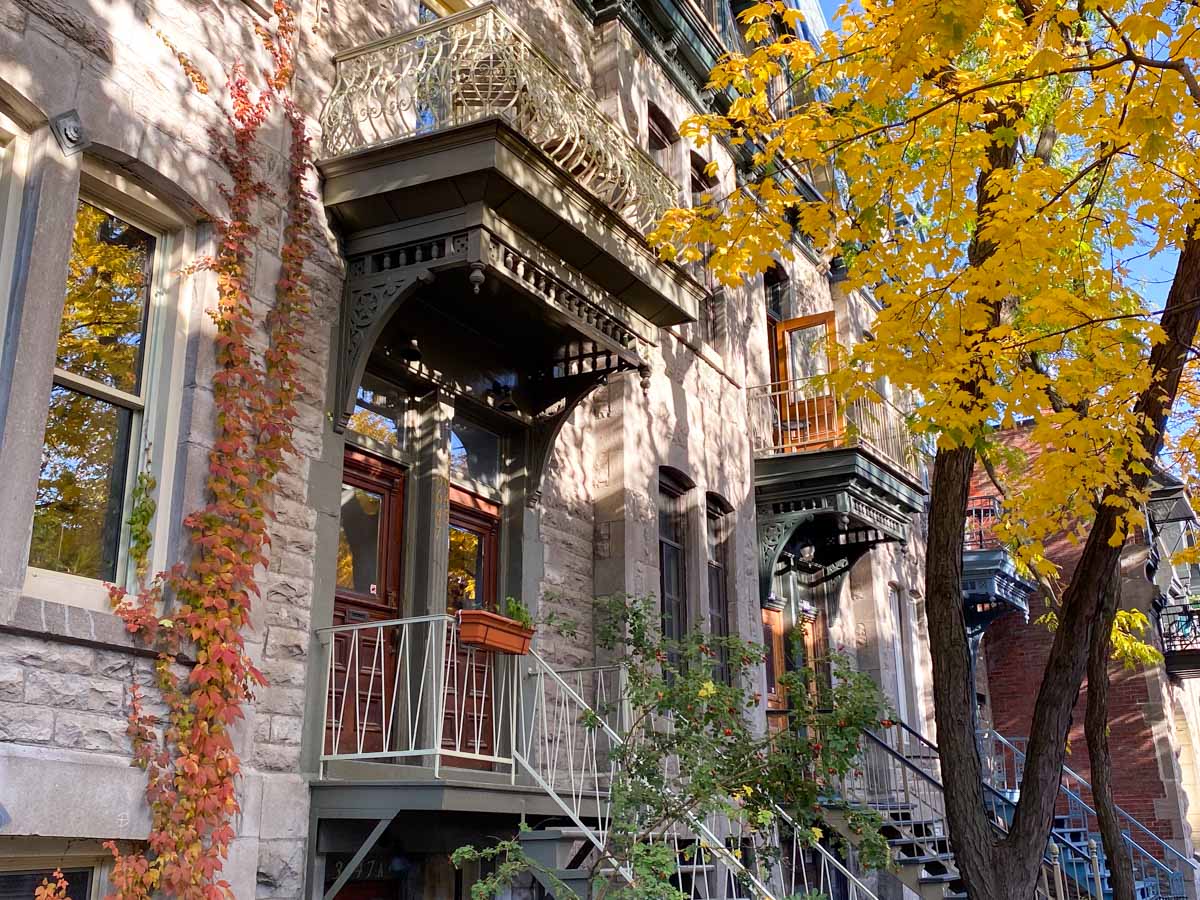 Beautiful architecture and fall leaves in the Plateau, a must-visit neighborhood for your first trip to Montreal.