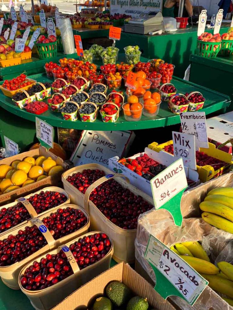 Colorful fruits and vegetables (including strawberries, blueberries, bananas, lemons, oranges, tomatoes, avocados, and brussel sprouts) for sale at Marché Atwater in the Sud-Ouest borough of Montreal.