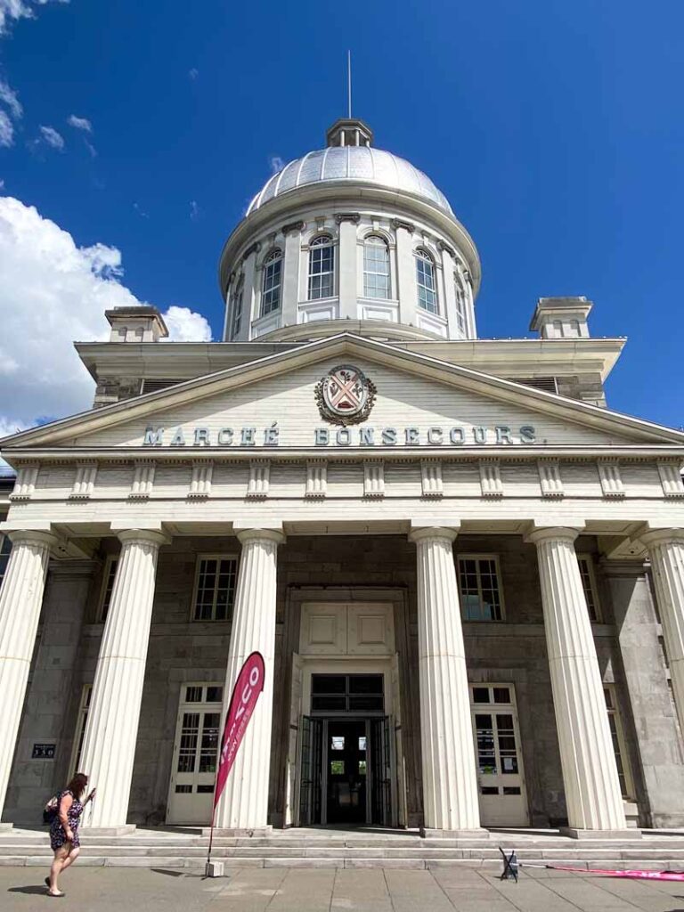 Front columns and the domed roof of Bonsecours Market in Old Montreal.