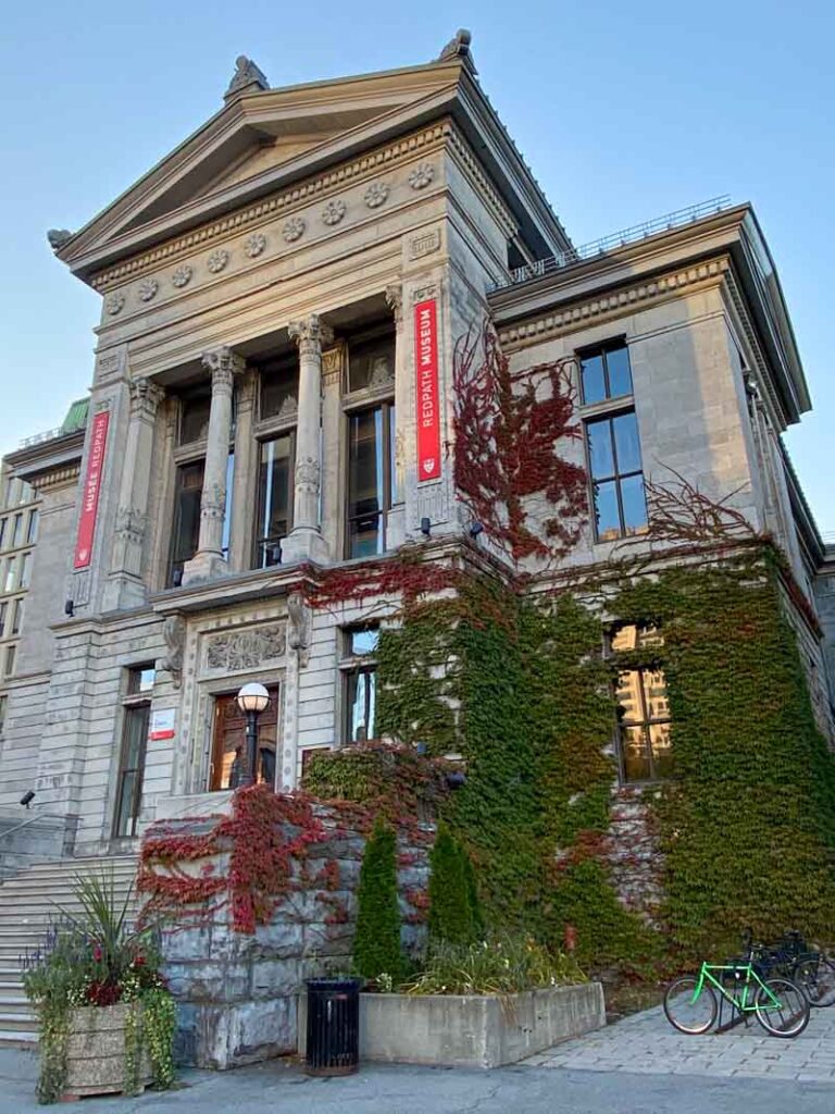Green and red ivy growing up the walls of the Greek-Revival-style facade of the Redpath Museum at McGill University.