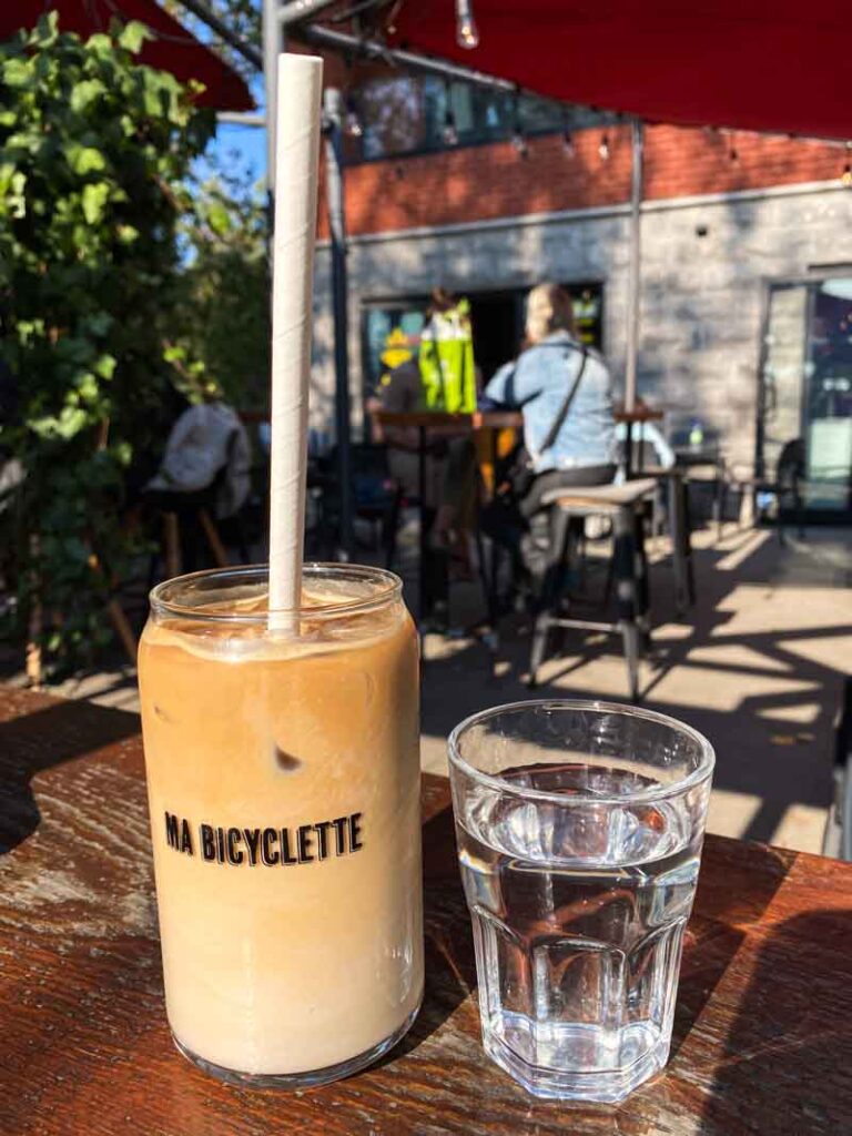My iced latte on the outdoor patio at Cafe Ma Bicyclette in Pointe-Saint-Charles.