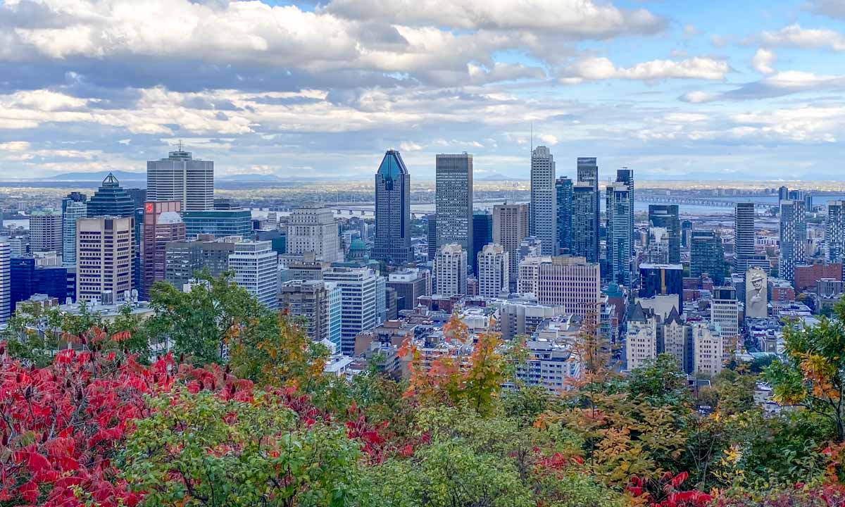 Montreal skyline viewed from Mount Royal lookout at Kondiaronk Belvedere.
