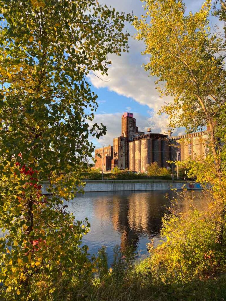 Montreal's mysterious Maison Rose perched on top of an abandoned factory silo next to the Lachine Canal.