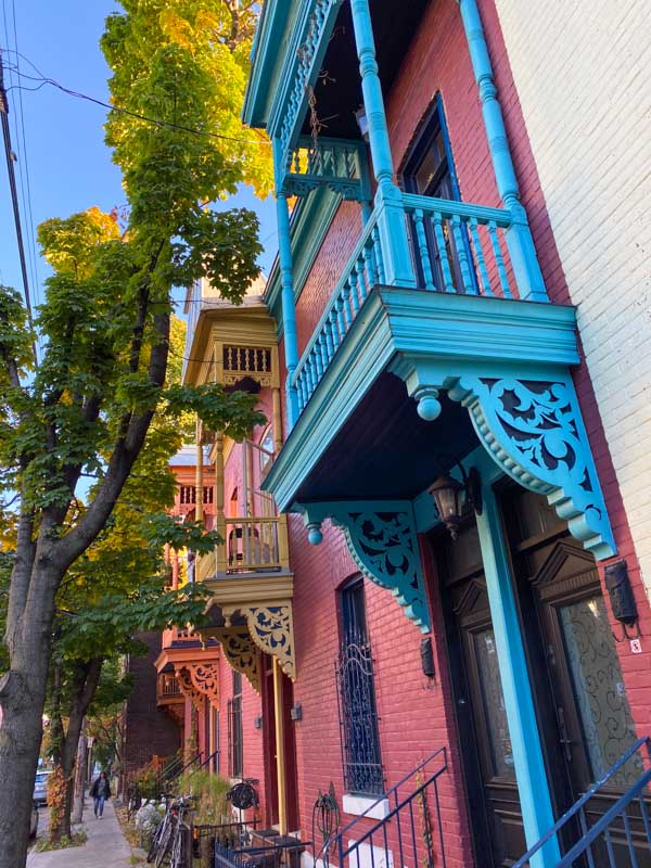 Three colorful balconies on Avenue Coloniale in the Plateau.