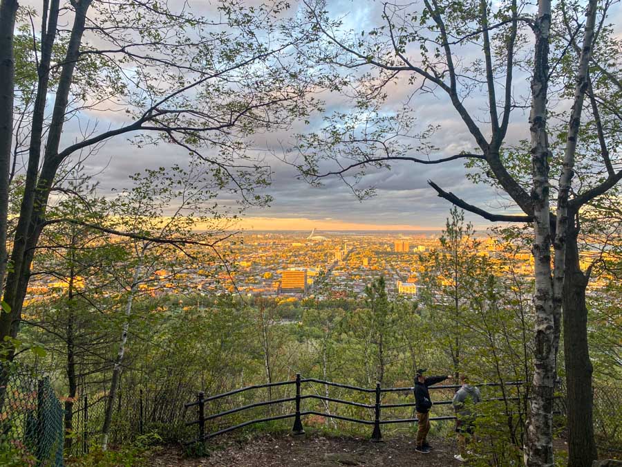 A viewpoint on Mount Royal's Escarpment Trail overlooking the East Montreal cityscape just before sunset. 