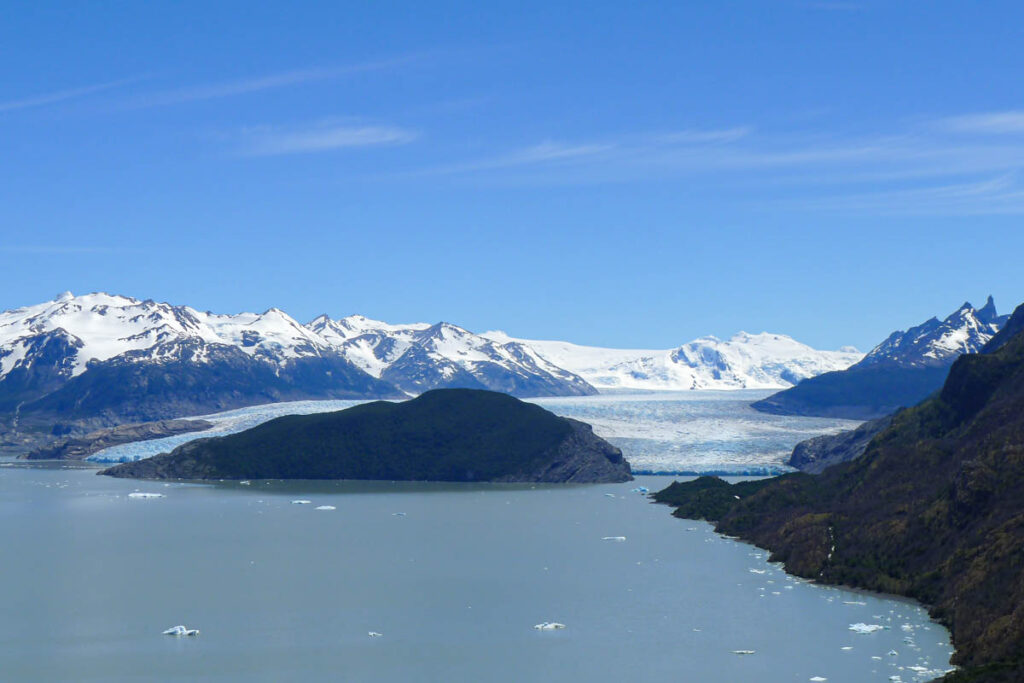 Snowy mountains behind Grey Glacier - the view from Mirador Lago Grey about halfway between Refugio Paine Grande and Refugio Grey.