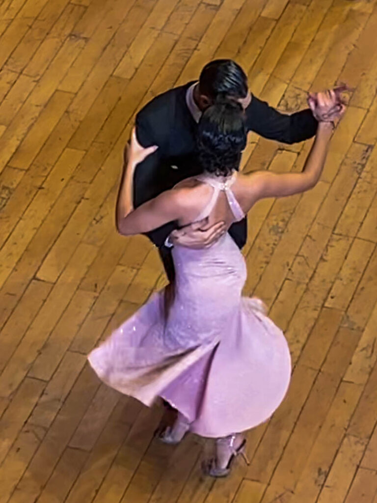 A couple dancing the tango in the BA Tango dance championships at the Usina del Arte.
