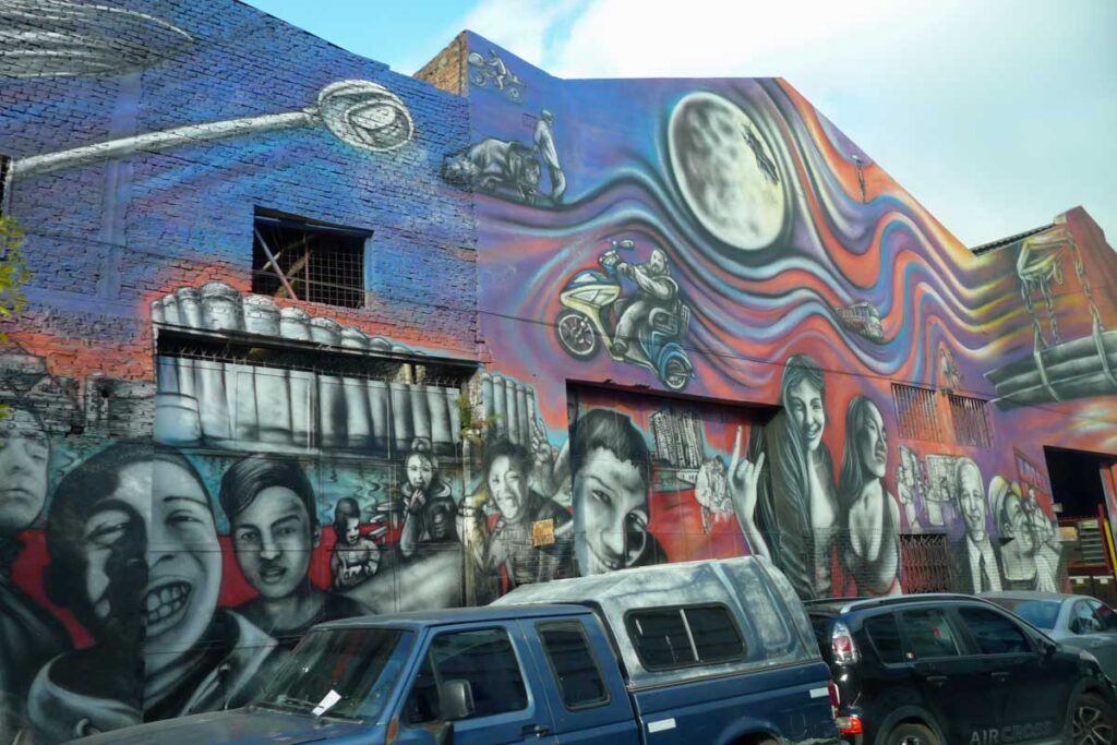 Part of the enormous "El Regreso de Quinquela" mural in the non-touristy neighborhood of Barracas. This section depicts locals living in the neighborhood.
